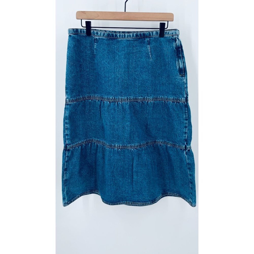 Loft Ann Taylor Tired Ruffled Midi Length Denim  Skirt Size 14P Ruffles Side Zip